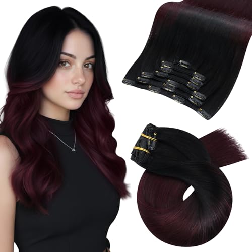 Image of Moresoo Dark Red Clip in Hair Extensions Human Hair Burgundy 16 inch 120g | Hair extensions clip ins, ombre black with wine red burgundy, 7pcs set, remy human hair, straight texture for daily volume