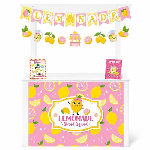 FodeMoraka Lemonade Stand Supplies Decorations - 5 Pcs Yellow Pink Lemon Drink Party Favors for Summer Kids Birthday Bridal Shower Pre-strung Banner Backdrop Bar Signs Decor Set