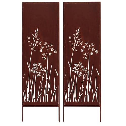 Kapaga - 2x Sichtschutz Metall - 160 cm x 50 cm - Edelrost - Rostoptik Sichtschutz für Garten - Sichtschutzelement - Sichtschutzwand - Gartendekoration Zaun - Rost (Pusteblumen)