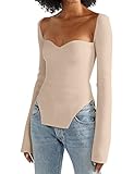 MISSACTIVER Women Square Sweetheart Neck Asymmetrical Hem Knit Sweater Solid Long Sleeve Slim Fit...