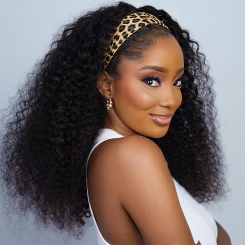 Image of 200 Density Deep Wave Headband Wig Human Hair 24 Inch Curly Half Wig Human Hair Wear and Go Beginner Friendly Glueless None Lace Front Wigs for Black Women Natural Color