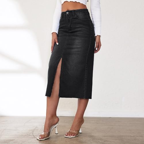 Women’s Front Split Denim Long Skirts High Waist Slim Fit A Line Skirts Solid Color Street Casual Jean Maxi Skirts2