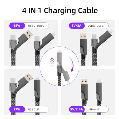 4-Ft 4-in-1 65W Firsting USB-A/C to USB-C/Lightning Fast Charging Cable w/ E-Mark Chip (Dark Black) - image 2