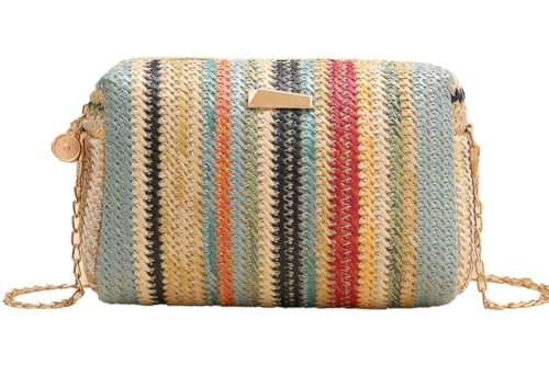 Women’s Straw Tote Bag Rainbow Striped Casual Beach Shoulder Bag Summer Vacation Straw Crossbody Bag Purse 2025