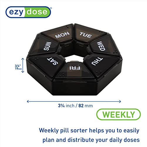 Image of Ezy Dose Weekly (7-Day) Pill Organizer, 7-Sided Medicine Planner, Black | Compact Daily Round Vitamin & Supplement Medicine Case, Convenient and Easy to Use, Travel-Friendly Container, BPA-Free