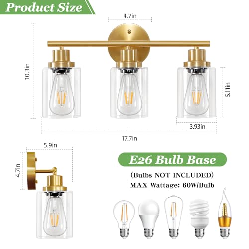 Image of 3-Light Brushed Gold Vanity Lights, E26 Modern Bathroom Light Fixtures with Clear Glass Shade, Wall Lamps for Mirror Kitchen Hallway Cabinet Living Room Sconces Lights