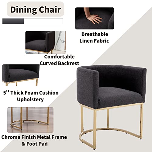 Image of HNY Mid Century Modern Upholstered Barrel Dining Chairs with Arms Set of 3, Linen Kitchen & Dining Room Accent Chairs for Living Room with Gold Metal Frame, Charcoal