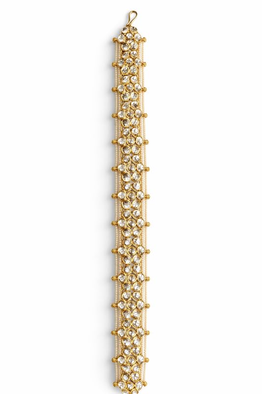 Royal Kundan Style Floral Sheesh Patti Headpiece with Pearl Border | Anti-Tarnish Brass Bridal Matha Patti | Traditional Wedding & Festive Hair Jewelry for Women-image-12