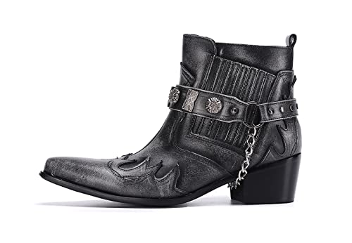 Santimon Mens Dress Casual Ankle Chelsea Boots - Genuine Leather Western Cowboy Boots with Buckle Chain for Prom Ballroom Party Disco2