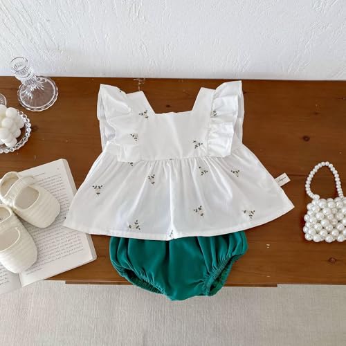 Baby Girl Summer White Embroidered Ruffle Sleeveless Top and Green Bloomers Set3