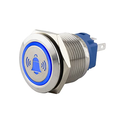 SeKi Bouton-poussoir En Acier Inoxydable - Diamètre : 19 Mm - Forme De Tête Plate - Avec Symbole De Cloches éclairées En Bleu - U0152illets à Souder