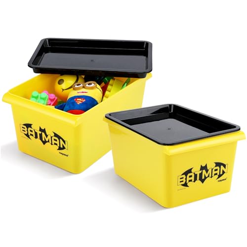 Nayasa Stack N Store Batman, Small, 5 ltrs | DC Superhero Print Plastic Storage Boxes Set of 2 with Lid | Side Handles | Stackable Multipurpose Organizers | Strong & Durable | Yellow