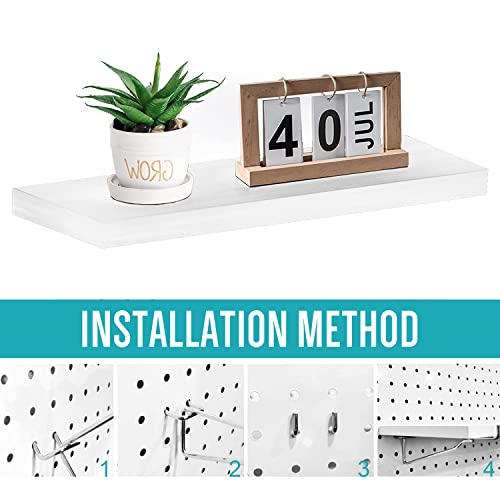 HJW 6 Pack Wooden Pegboard Shelves with Metal Pegboard Hooks, Modern White, Heavy Duty & Adaptable, Perfect for Craft Room, Office, Garage