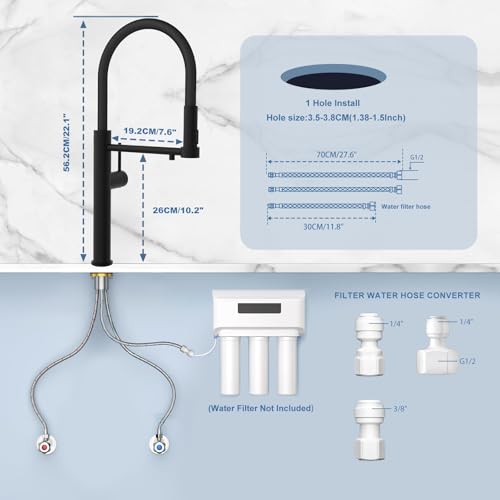 Tohlar 3 Way Kitchen Tap, Black 3 In 1 Water Filter Tap, Kitchen Sink Taps With Drinking Water Filtered Outlet Single Lever Kitchen Mixer Tap 360°Swivel Commercial Water Tap For 1 Hole Mount - 6