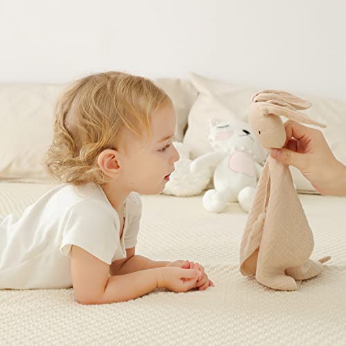 Image of insular Bunny Lovey Blanket for Boys and Girls, Organic Cotton Muslin Security Blanket for Babies, Soft Breathable Lovie Soothing Towel for Newborn and Infant, 2 Pcs Set (Khaki&Pink)