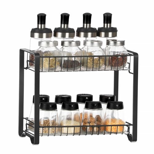 SONGMICS Spice Rack, 2 Tier Metal Kitchen Storage Rack, Spice Rack with Plastic Boards, Non-Slip Feet for Kitchen, Bathroom, Black KCS013B01-image