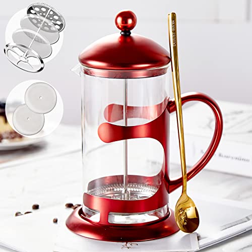 red coffee press - DUJUST Red French Press Coffee Maker, Luxury Design French Coffee Press with 4-Level Filter System, High-Grade Glass for Hot & Cold Resistance, Include Long Size 304 Stainless Steel Spoon - 34oz