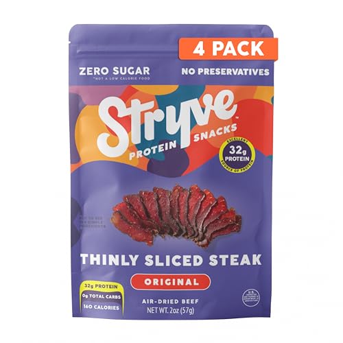 Stryve Protein Snacks - Better Than Jerky Steak Snacks. Protein Rich, Beef Biltong | 32g Protein, Sugar Free, Carbs Free, Gluten Free, Dairy Free, Keto & Paleo Friendly | Original, Pack Of 4