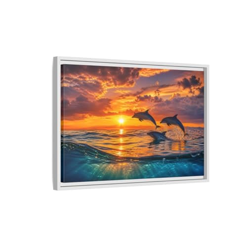 Toile dauphins coucher de soleil au-dessus de la cheminée pour une déco de salon réaliste