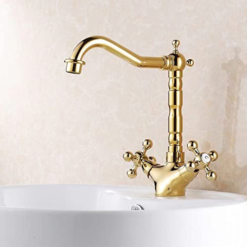 Vintage Sink Faucet Bathroom,360 Degree Swivel Spout, Cold Hot Mixer Vanity Tap, Double Cross Handle, Gold