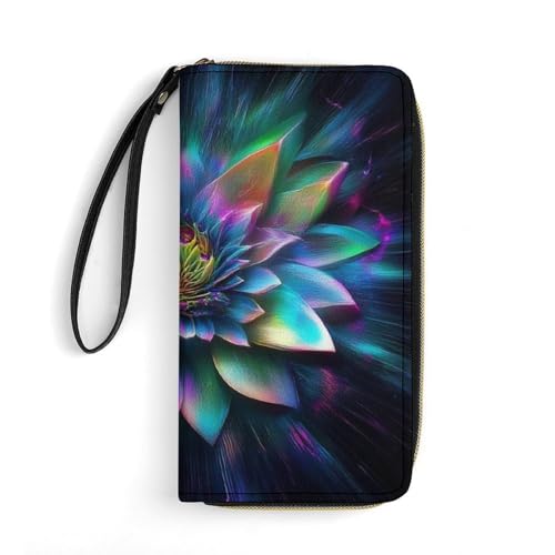 Women's Large Capacity Wallet, Pu Leather Travel Long Purse Trippy Lotus Floral Flower Zipper Credit Card Holder with Multiple Card Slots