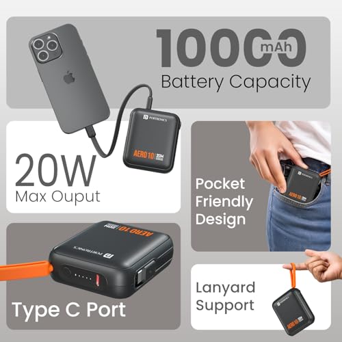 Image of Portronics Aero 10 10000 mAh 20W Fast Charging Mini Power Bank with Detachable Type C Cable, Type C PD Input /Output Port, LED Indicator, Wake Up Button, Strong Lanyard, Light Weight (Black)