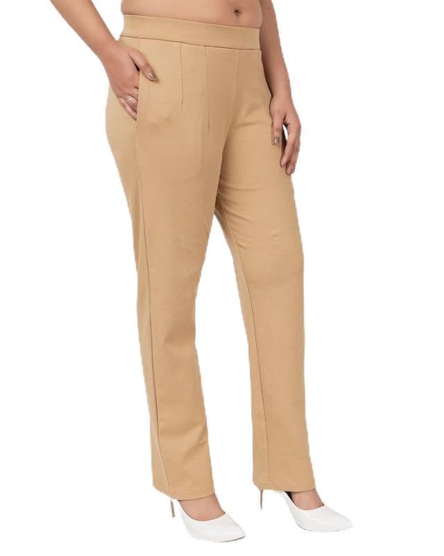 Image of Mlada Straight Fit Cigarette Pencil Pants Elastic Waist Band Mid High Waist Formal Office Trousers for Women, Pockets for Travel Stretch Cotton Knit Full Length Regular /Plus Size