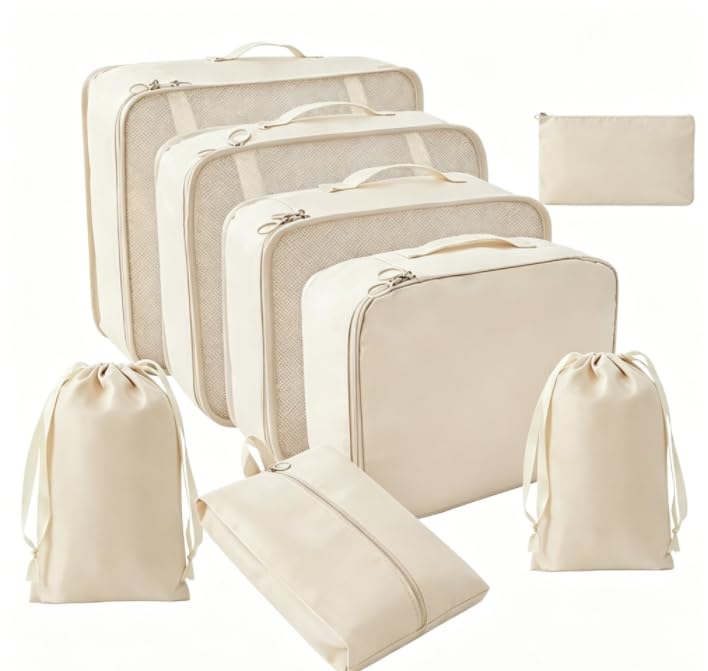 Set di 8 organizer per valigie, borse per vestiti, organizer per valigie, per vacanze e viaggi, cubi da viaggio con tasche, borsa per cosmetici, borsa per scarpe (beige)