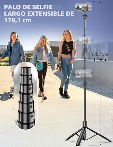 Trípode para móvil extensible 179cm con palo selfie y mando para iPhone 14 13 12 Android 3