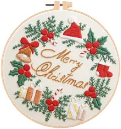 Huacan Embroidery Kits Christmas for Adults Beginner DIY Cross Stitch Stamped Wreath Pattern Stitching Sewing Kit 1 Piece 7.9 x 7.9 Inch
