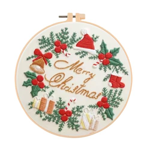 Image of Huacan Embroidery Kits for Adults Beginner DIY Cross Stitch Stamped Christmas Pattern Stitching Wreath Sewing Kit 1 Piece 7.8 x 7.8 Inch