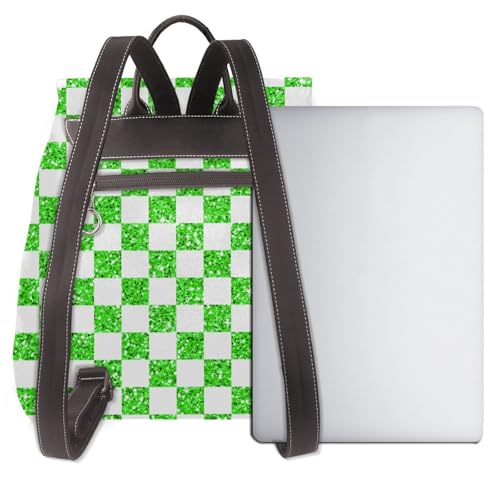 Glitter Green White Checkered Chessboard Flag Lightweight Daypack Bag Microfiber PU Leather Backpack for Travel Business Commute Gym3
