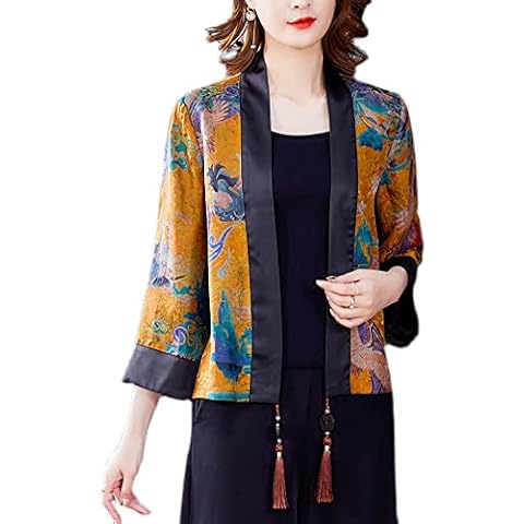Women Chinese Kimono Yukata Cardigan Coat Jacket Faux Silk Crane Print Tassel Outwear Tops Vintage, Yellow, XX-Large Cover