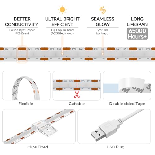 Image of BTF-LIGHTING FCOB USB Powered Warm White 2700K COB LED Strip Lights 3.28FT 320LEDs 5V 8mm Width 90+ High CRI Ultra Bright Flexible Light for 3D Printer TV Backlight Display Cabinet PC DIY Decor
