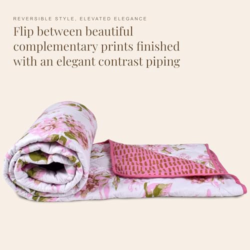 Image of HUESLAND Reversible AC Quilt Blanket Single Bed | 100% Cotton Quilted Shell, Super Soft 120 GSM Microfibre Wadding | Lightweight Comforter for All Weather Use | 55 x 88 inches, Blushing Blooms