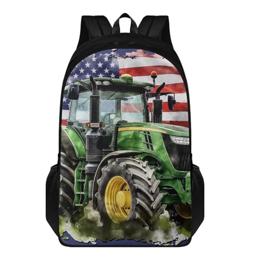 Tractor Backpack for Boys Elementary School American Flag Print Kids School Heavy Duty Bookbag Large Capacity Backpack for School Boys 5th Grade