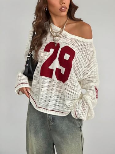QJQ Women's Oversized Jersey Shirts Long Sleeve V Neck Crochet Knit Sweater Tops Hollow Out Graphic Pullover4