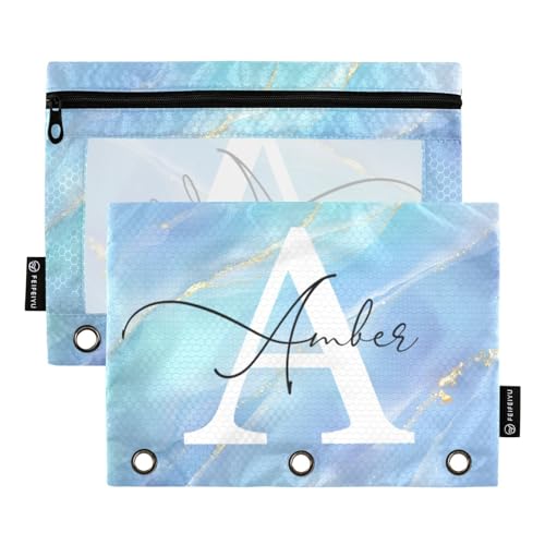IHCVHQX Personalized Pencil Pouch for 3 Ring Binder Blue Gold Sparkle Marble Custom Pencil Pouches Case Binder Cosmetic Bag 2 Pack for Office School College Supplies