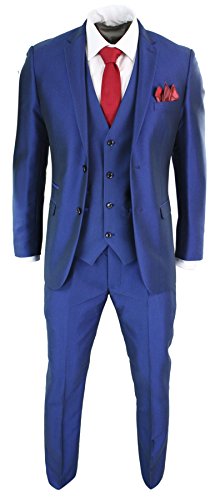Mens 3 Piece Shiny Blue Wedding Prom Party Suit Tailored Fit Smart Formal
