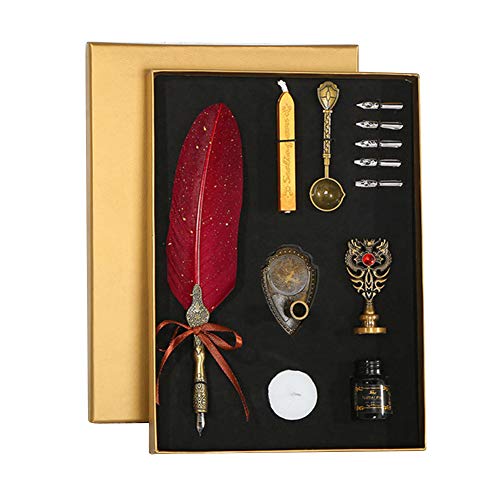 CAOLATOR Schreibfeder Set Schreibfeder Retro Siegel Dip Pen Kalligraphie Feder Dip Ersatzspitze Feather Pen Schreibfeder Vintage Feder Stift Tinte Set für Schreiben von Alt-Schrift-Rot
