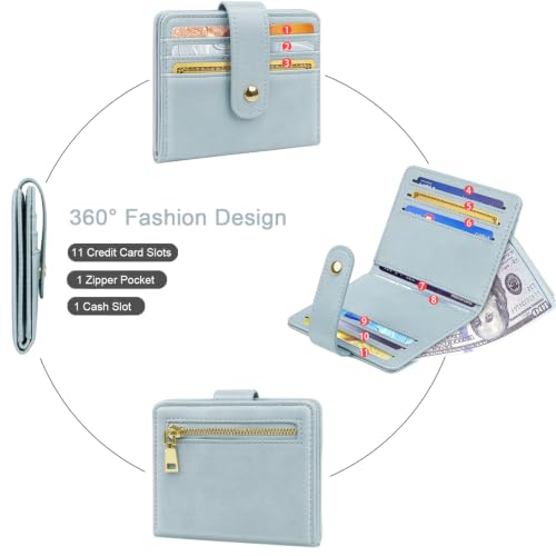 Image of Small Wallets for Women Slim Minimalist Bifold Credit Card Holder | Compact Zipper Coin Purse for Ladies RFID Blocking Mini Travel PU Leather Card Case Gifts for Mom, Grey Blue