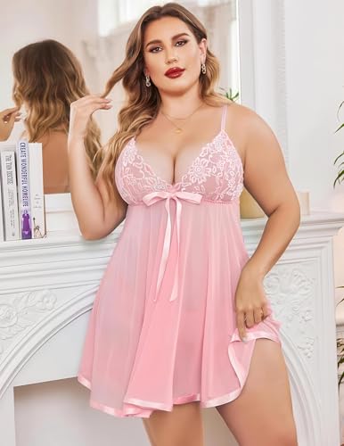 Image of SSoShHub Women's Lingerie Lace Babydoll Strap Chemise Mesh Sleepwear Outfits with G-String