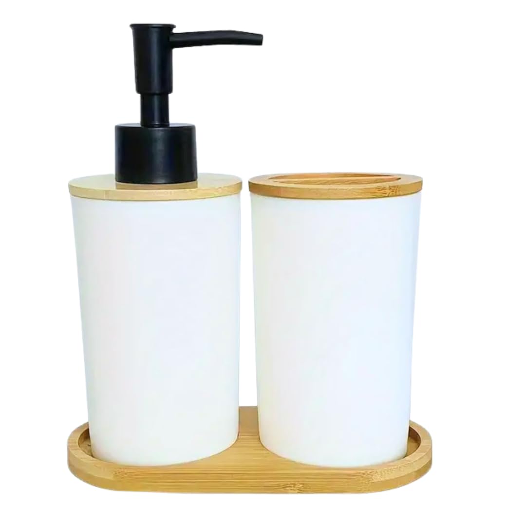 Juego dispensador jabon baño y Vaso con bamú, dispensador de jabón y portacepillos para baño Moderno 400ml, Accesorios Cocina y baño, jabón líquido y Gel Recargable, Botella de jabón Negro