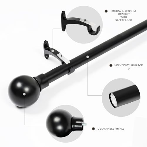 Image of Deco Window 18 inch-44 inch Adjustable Rustproof Curtain Rod for Doors & Windows with Brackets, Extendable Iron Metal Pipe Holder with Jason Finials (Black,25MM Diameter)