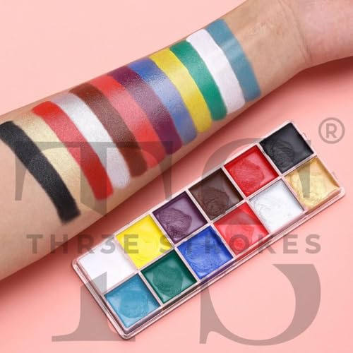 Image of THR3E STROKES Oil Based Face Body Painting Kit, 12 Colours, Black & White Halloween Makeup Palette, Hypoallergenic Body Paint for Costume Party, Special Effects