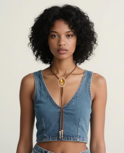Image of PEARLY JUN Bolo Tie for Women Men Flower Rose Western Cowboy Brown Leather Country Style String Vest Gifts