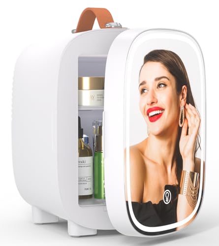 Image of Hansburg Mini Fridge for Bedroom Mirror Skincare Cooler & Warmer Portable Small Refrigerator 4 Liter/6 can with 12v AC/DC/USB Option for Food, Drinks, Makeup, Dorm, Office and Car