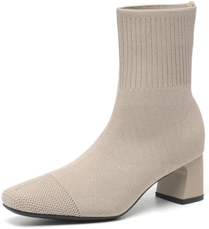 Ankle Boots for Women Dressy Comfy Knit Sock Booties Square Toe Chunky Heel Slip on Elastic Fall Booties