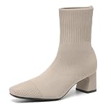 AHZEHRSE Boots for Women Ankle Booties Slip on Elastic Sock Dress Boots for Womens Fashion Winter Fall Shoes Chunky Heel Fashion Square Toe Work Casual Boots