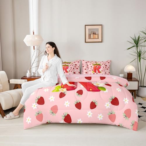 Image of Feelyou Girls Pink Red Strawberry Full Comforter Set with Sheets for Kids Boys Girls Initial Letter R 7 Pieces Bedding Set Princess Strawberry Bed in a Bag Room Decor Soft Lightweight Microfiber